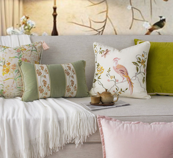 Embroidered Floral Bird Pattern Pillow Covers, Living Room Decorative Pillows, Modern Decorative Cushions, Decorative Pillows for Bed, Decorative Pillow Arrangement Ideas for Interior Design-Art Painting Canvas