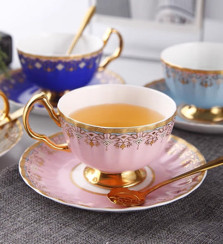 Unique British Tea Cup and Saucer in Gift Box, Pink Blue White Bone China Porcelain Tea Cup Set, Elegant British Ceramic Coffee Cups for Afternoon Tea-Art Painting Canvas