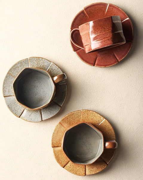 Modern Handmade Pottery Coffee Cup, 8 oz Ceramic Coffee Cup with Saucer, Unique Tea Cup and Saucer, Tea Cup Set for Traditional Afternoon Tea-Art Painting Canvas