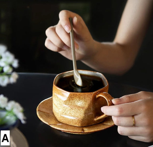 Modern Handmade Pottery Coffee Cup, 8 oz Ceramic Coffee Cup with Saucer, Unique Tea Cup and Saucer, Tea Cup Set for Traditional Afternoon Tea-Art Painting Canvas