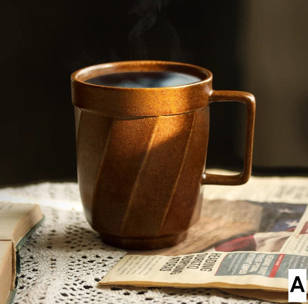 Unique Tea Cup, Large Capacity Coffee Mug with Cover, Large Modern Handmade Pottery Coffee Cup, Creative Brown Green Blue Black Ceramic Coffee Mugs-Art Painting Canvas