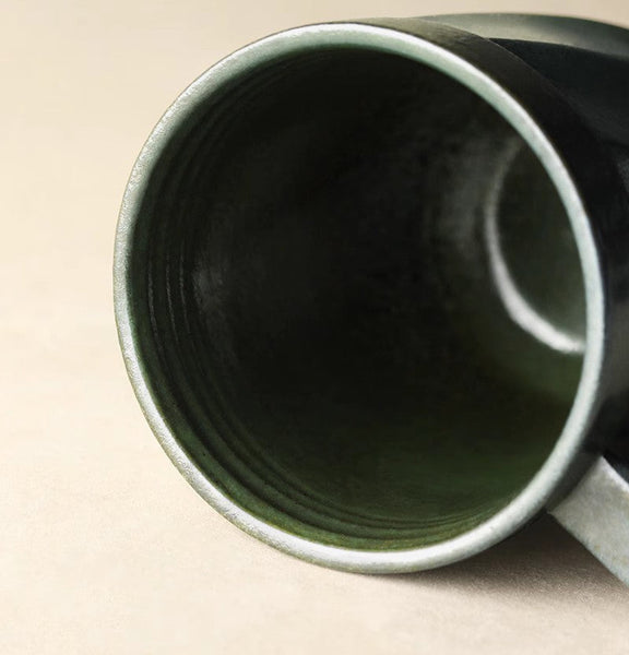 Unique Tea Cup, Large Capacity Coffee Mug with Cover, Large Modern Handmade Pottery Coffee Cup, Creative Brown Green Blue Black Ceramic Coffee Mugs-Art Painting Canvas