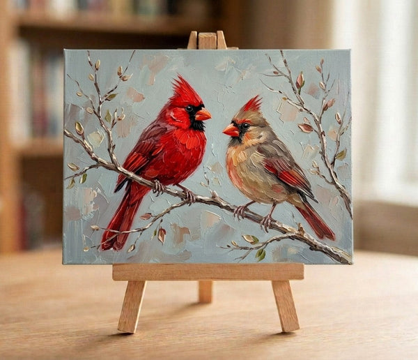 Original Small Paintings, Northern Cardinal Birds Painting, Love Bird Couple Painting, Hand Painted Canvas Art, Small Canvas Paintings, Original Oil Paintings on Canvas