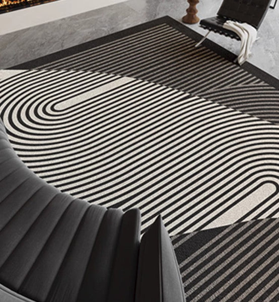 Geometric Contemporary Rugs Next to Bed, Black Stripe Contemporary Modern Rugs, Modern Rugs for Living Room, Modern Rugs for Dining Room-Art Painting Canvas