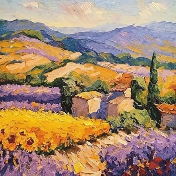 Original Small Landscape Paintings, Simple Small Canvas Paintings, Provence Lavender and Sunflower Field Cypress Tree Painting, Heavy Texture Canvas Art, Easy Landscape Painting Ideas-Art Painting Canvas