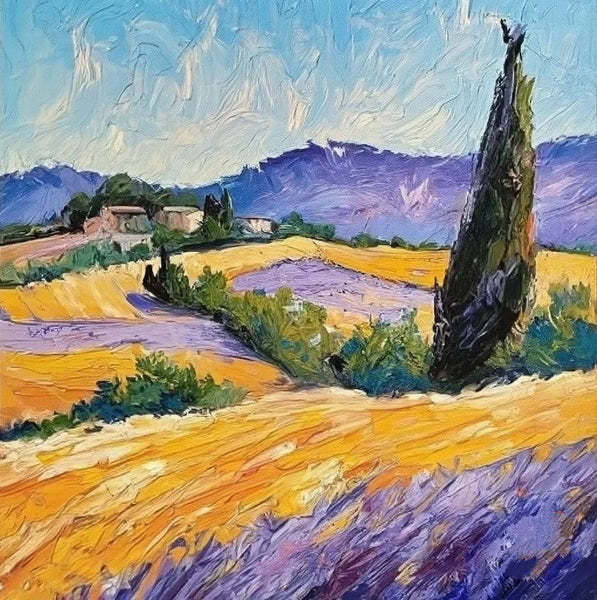 Original Small Landscape Paintings, Heavy Texture Acrylic Artwork, Easy Landscape Painting Ideas, Provence Lavender Field Cypress Tree Painting, Simple Small Canvas Paintings-Art Painting Canvas