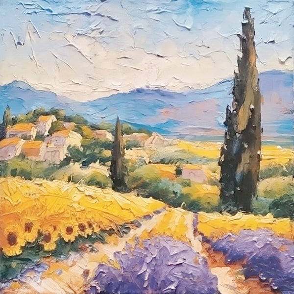 Heavy Texture Canvas Art, Easy Landscape Painting Ideas, Original Small Landscape Paintings, Simple Small Canvas Paintings, Provence Lavender and Sunflower Field Cypress Tree Painting-Art Painting Canvas