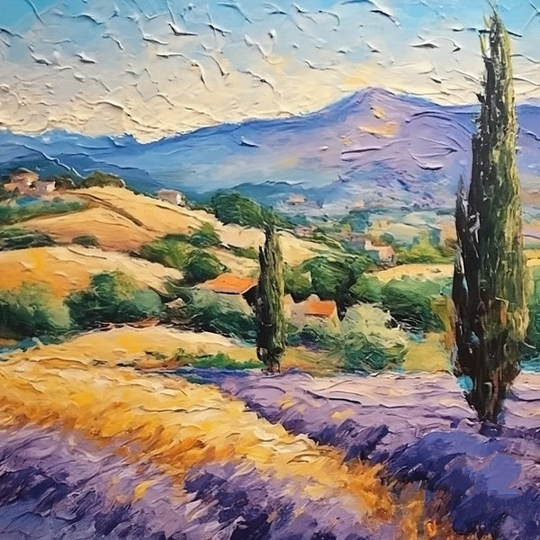 Original Small Landscape Paintings, Provence Lavender Field Cypress Tree Painting, Simple Small Canvas Paintings, Heavy Texture Acrylic Artwork, Easy Landscape Painting Ideas-Art Painting Canvas
