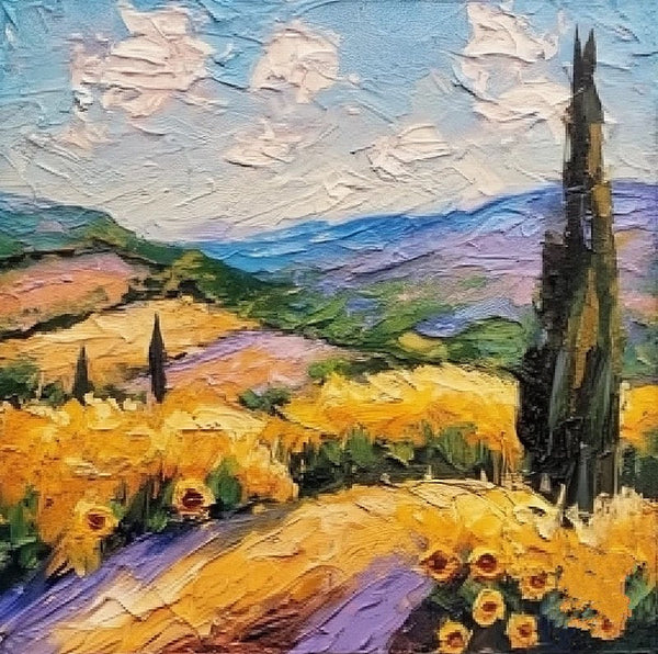 Heavy Texture Acrylic Artwork, Easy Landscape Painting Ideas, Original Small Landscape Paintings, Provence Sunflower Field Cypress Tree Painting, Simple Small Canvas Paintings-Art Painting Canvas