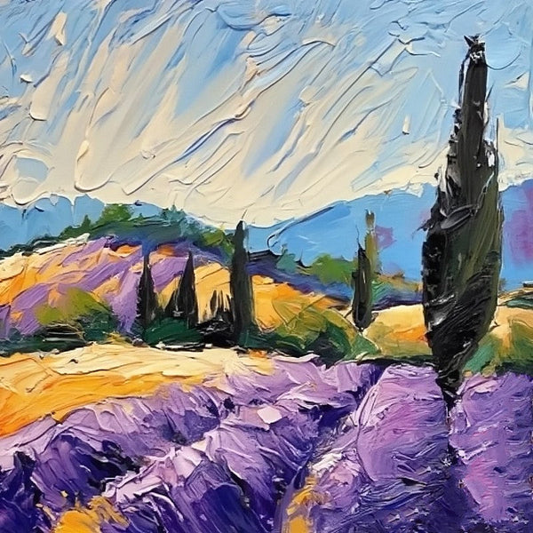 Original Small Landscape Paintings, Provence Lavender Field Cypress Tree Painting, Simple Small Canvas Paintings, Heavy Texture Acrylic Artwork, Easy Landscape Painting Ideas-Art Painting Canvas