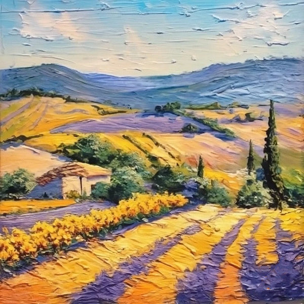 Provence Lavender Field Cypress Tree Painting, Simple Small Canvas Paintings, Original Small Landscape Paintings, Heavy Texture Acrylic Artwork, Easy Landscape Painting Ideas for Home Decor-Art Painting Canvas