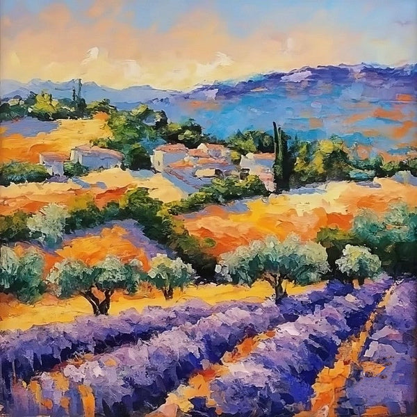 Small Hand Painted Art, Heavy Texture Hand Painted Art, Easy Landscape Painting Ideas, Provence Lavender Field Cypress Tree Painting, Simple Small Canvas Paintings-Art Painting Canvas