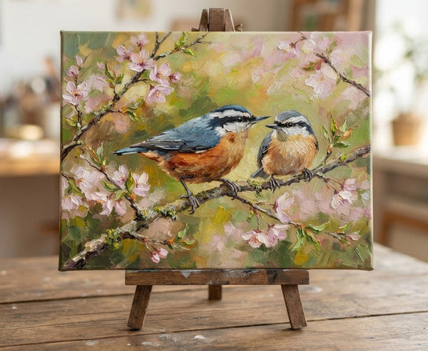 Hand Painted Canvas Art, Red-breasted Nuthatch Birds Painting, Original Oil Paintings, Love Bird Couple Painting, Small Canvas Paintings, Original Oil Paintings on Canvas
