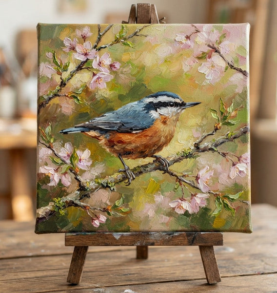 Small Art on Canvas, Red-breasted Nuthatch Bird Painting, Miniature Wall Art, Original Painting on Canvas, Hand Painted Canvas Art