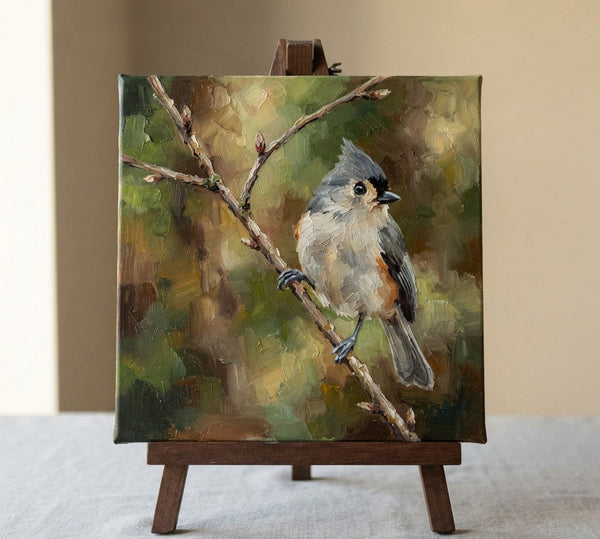 Hand Painted Canvas Art, Tufted Titmouse Bird Painting, Heavy Texture Painting, Small Art on Canvas, Miniature Wall Art, Original Oil Paintings