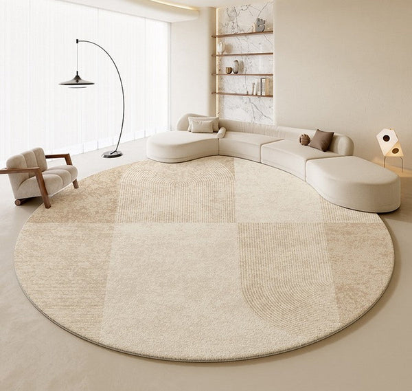 Abstract Contemporary Rugs for Bedroom, Modern Cream Color Rugs for Living Room, Modern Round Rugs under Coffee Table, Circular Rugs for Dining Table