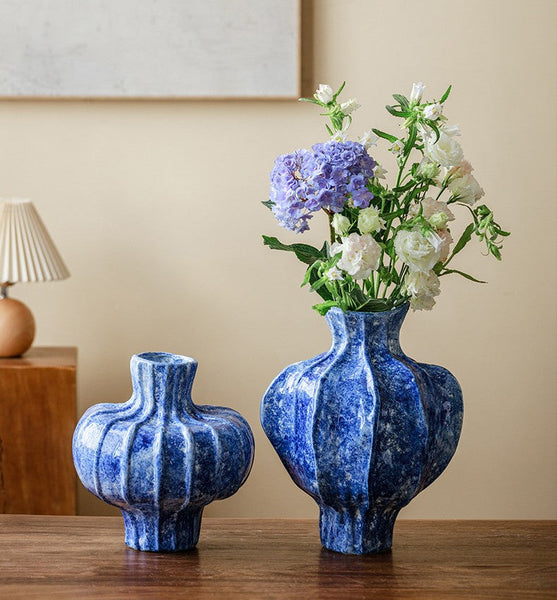 Handmade Water Holding Flower Vases, Centerpiece on Dining Table, Blue Ceramic Bud Vases, Tall Flower Vases on Table, Modern Pottery Flower Vases-Art Painting Canvas