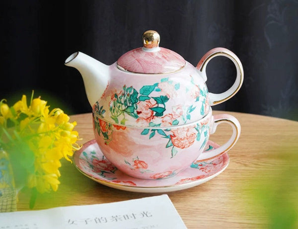 Ceramic Tea Pot with Integrated Cup, Mother-and-Baby Teapot with Matching Saucer, Vintage Style Stackable Tea Pot Set, English Style Tea Pot and Cup Set-Art Painting Canvas