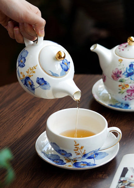 Porcelain Teapot with Matching Cup and Saucer in Gift Box, Ceramic Tea Pot with Integrated Cup, Stackable Teapot and Cup Set, Mother-and-Baby Teapot with Matching Saucer-Art Painting Canvas