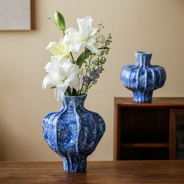 Handmade Water Holding Flower Vases, Centerpiece on Dining Table, Blue Ceramic Bud Vases, Tall Flower Vases on Table, Modern Pottery Flower Vases-Art Painting Canvas