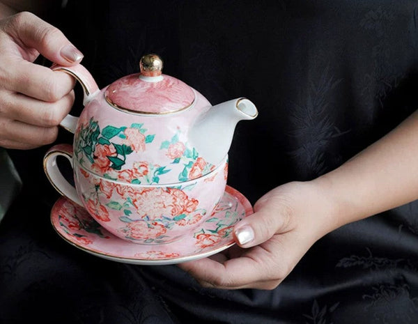 Ceramic Tea Pot with Integrated Cup, Mother-and-Baby Teapot with Matching Saucer, Vintage Style Stackable Tea Pot Set, English Style Tea Pot and Cup Set-Art Painting Canvas