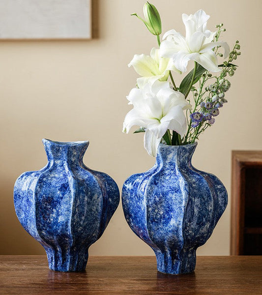 Handmade Water Holding Flower Vases, Centerpiece on Dining Table, Blue Ceramic Bud Vases, Tall Flower Vases on Table, Modern Pottery Flower Vases-Art Painting Canvas