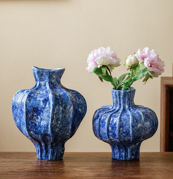 Handmade Water Holding Flower Vases, Centerpiece on Dining Table, Blue Ceramic Bud Vases, Tall Flower Vases on Table, Modern Pottery Flower Vases-Art Painting Canvas