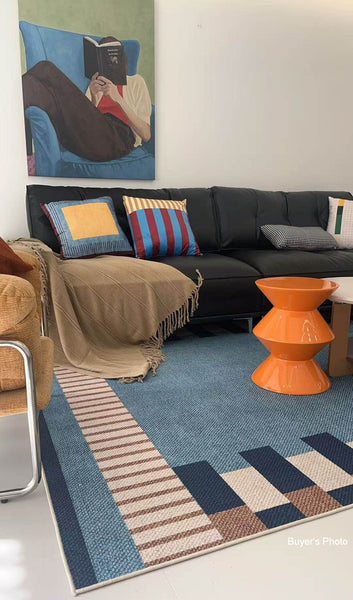Geometric Modern Area Rugs, Modern Living Room Rug Ideas, Mid Century Contemporary Rugs, Blue Modern Rugs for Dining Room-Art Painting Canvas