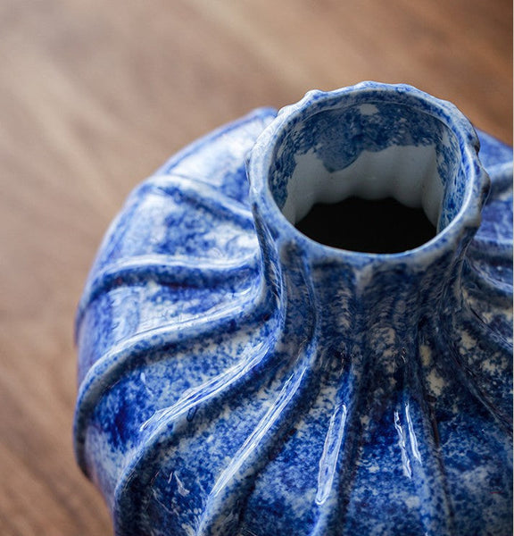 Handmade Water Holding Flower Vases, Centerpiece on Dining Table, Blue Ceramic Bud Vases, Tall Flower Vases on Table, Modern Pottery Flower Vases-Art Painting Canvas