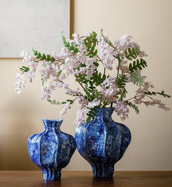 Handmade Water Holding Flower Vases, Centerpiece on Dining Table, Blue Ceramic Bud Vases, Tall Flower Vases on Table, Modern Pottery Flower Vases-Art Painting Canvas