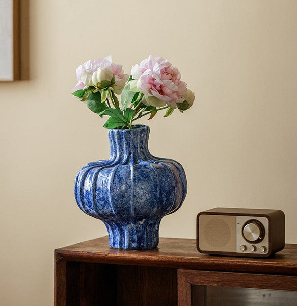 Modern Pottery Flower Vases, Handmade Water Holding Flower Vases, Centerpiece on Dining Table, Blue Ceramic Bud Vases, Tall Flower Vases on Table-Art Painting Canvas