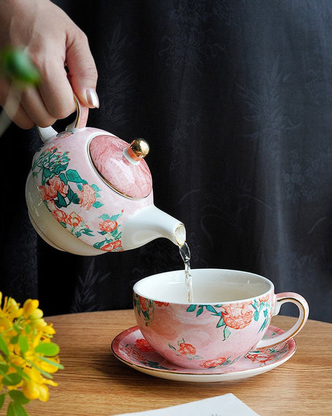 Mother-and-Baby Teapot with Matching Saucer, Vintage Style Stackable Tea Pot Set, Ceramic Tea Pot with Integrated Cup, English Style Tea Pot and Cup Set-Art Painting Canvas