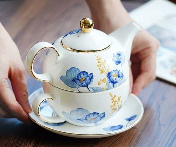 Porcelain Teapot with Matching Cup and Saucer in Gift Box, Ceramic Tea Pot with Integrated Cup, Stackable Teapot and Cup Set, Mother-and-Baby Teapot with Matching Saucer-Art Painting Canvas