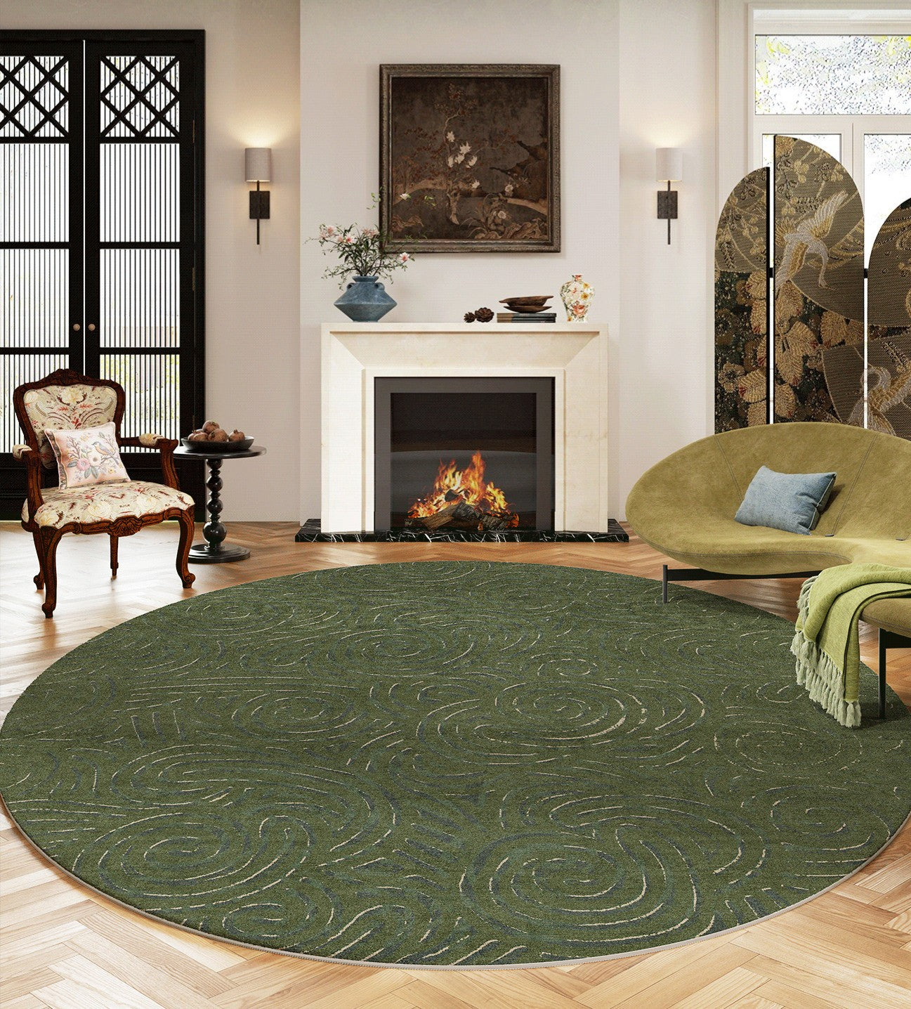 Bedroom Abstract Modern Area Rugs, Green Contemporary Modern Rugs, Geometric Round Rugs for Dining Room, Mid Century Round Modern Rugs under Chairs-Art Painting Canvas