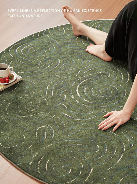 Bedroom Abstract Modern Area Rugs, Green Contemporary Modern Rugs, Geometric Round Rugs for Dining Room, Mid Century Round Modern Rugs under Chairs-Art Painting Canvas