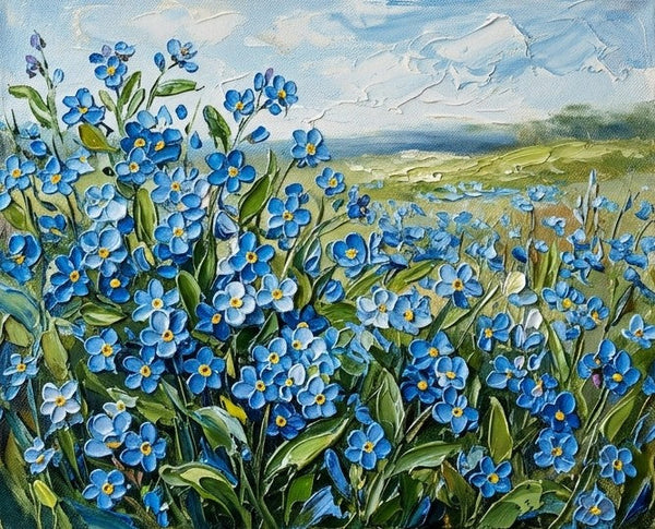 Impasto Painting, Sunlit Forget-me-not Fields, Small Canvas Artwork for Sale, Original Canvas Paintings, Heavy Texture Paintings on Canvas, Buy Paintings Online