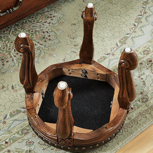 Solid Wood Ottoman, Rubberwood Entry Bench, Vanity Stool, Genuine Leather Solid Wood Entry Bench, Vintage Round Stool-Art Painting Canvas
