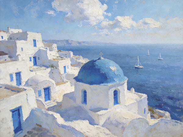 Small Landscape Paintings on Canvas, Aegean Breeze and Blue Domes, Original Oil Paintings, Palette Knife Oil Paintings, Landscape Canvas Paintings, Hand Painted Canvas Art-Art Painting Canvas