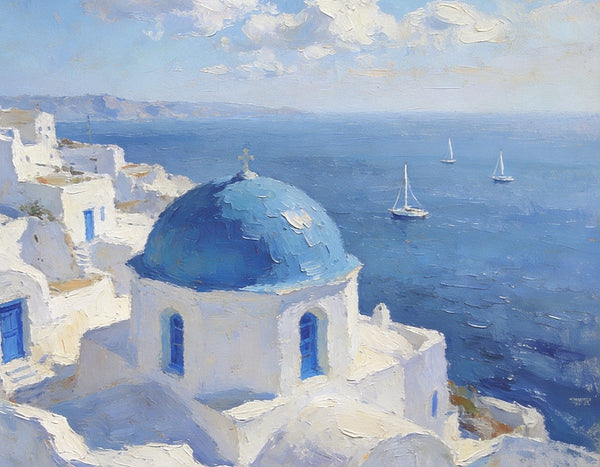 Small Landscape Paintings on Canvas, Aegean Breeze and Blue Domes, Original Oil Paintings, Palette Knife Oil Paintings, Landscape Canvas Paintings, Hand Painted Canvas Art-Art Painting Canvas