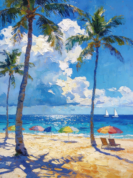 Hand Painted Canvas Wall Art, Palm Trees and Peaceful Seas, Beach Seashore Paintings, Original Artwork, Small Oil Paintings, Heavy Texture Artwork, Small Canvas Paintings-Art Painting Canvas
