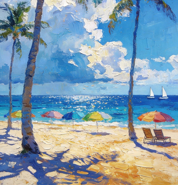 Hand Painted Canvas Wall Art, Palm Trees and Peaceful Seas, Beach Seashore Paintings, Original Artwork, Small Oil Paintings, Heavy Texture Artwork, Small Canvas Paintings-Art Painting Canvas