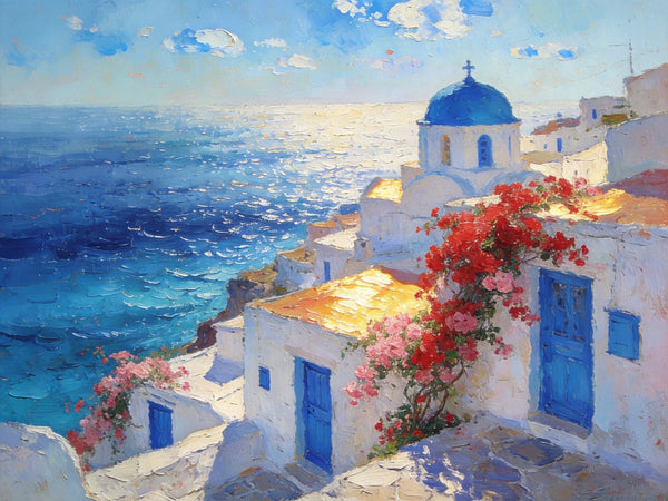 Floral Vines and Maritime Blues, Aegean Blue Domes, On Canvas Small Paintings, Hand Painted Canvas Art, Small Landscape Paintings, Landscape Wall Art Paintings, Original Oil Paintings-Art Painting Canvas