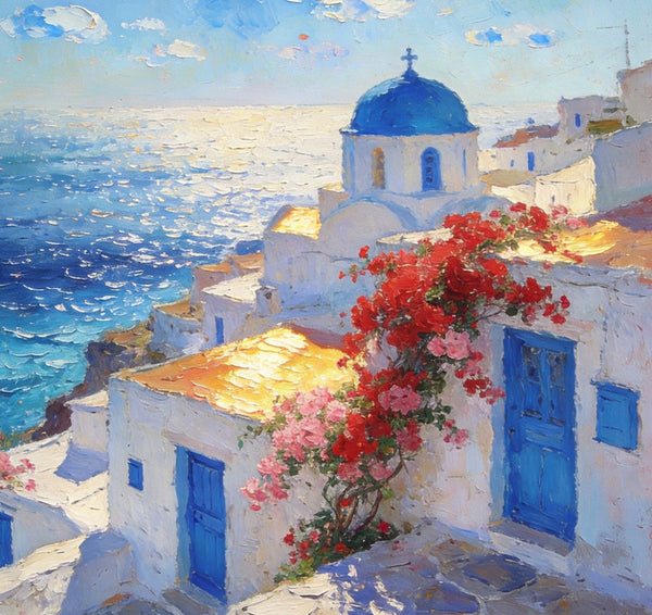 Floral Vines and Maritime Blues, Aegean Blue Domes, On Canvas Small Paintings, Hand Painted Canvas Art, Small Landscape Paintings, Landscape Wall Art Paintings, Original Oil Paintings-Art Painting Canvas