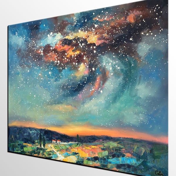 Landscape Painting, Custom Large Canvas Wall Art, Starry Night Sky Canvas Painting, Heavy Texture Wall Art-Art Painting Canvas
