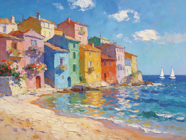 Palette Knife Oil Paintings, Seashore Town Tranquility, Original Oil Paintings, Small Landscape Paintings on Canvas, Landscape Canvas Paintings, Hand Painted Canvas Art-Art Painting Canvas