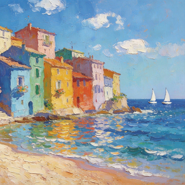 Palette Knife Oil Paintings, Seashore Town Tranquility, Original Oil Paintings, Small Landscape Paintings on Canvas, Landscape Canvas Paintings, Hand Painted Canvas Art-Art Painting Canvas