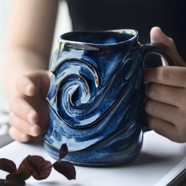Stoneware Coffee Mugs, Black Ceramic Coffee Mug, Large Capacity Coffee Cups, Birthday Gifts, Handmade Pottery Coffee Mug-Art Painting Canvas