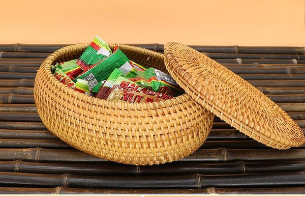 Storage Basket for Kitchen, Small Rattan Storage Basket, Round Storage Basket with Lid, Pantry Storage Ideas-Art Painting Canvas