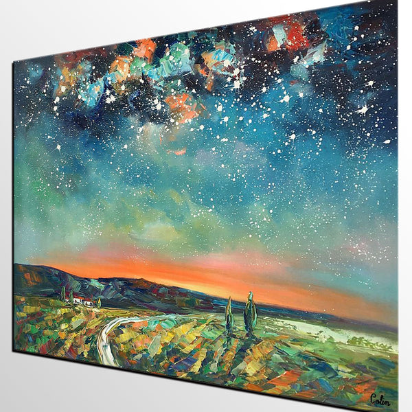 Abstract Landscape Oil Painting, Starry Night Sky Painting, Custom Large Canvas Painting, Heavy Texture Painting-Art Painting Canvas