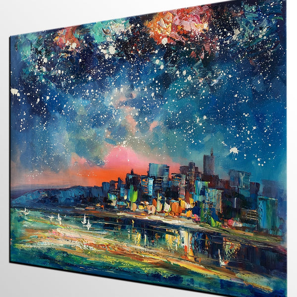 Abstract Oil Painting for Sale, Sail Boat under Starry Night Sky Painting, Custom Original Painting, Landscape Painting-Art Painting Canvas